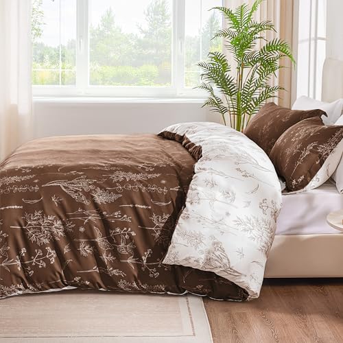 Love's cabin Chocolate Full Comforter Set - Full Size Comforter Set, 3 Pieces Cute Floral Bedding Sets for All Seasons,1 Soft Reversible Botanical Flowers Comforter and 2 Pillow Shams Love's cabin