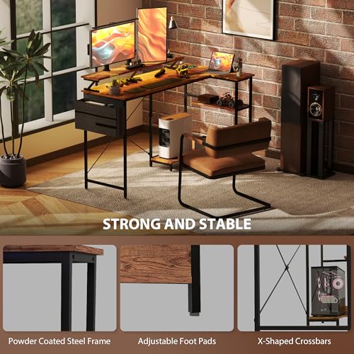 HOMCOM 58" L Shaped Gaming Desk with Power Outlets and LED Lights, Reversible Computer Desk with Monitor Stand, Fabric Storage Bag, Cable Management, for Home Office, Rustic Brown HOMCOM