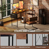 HOMCOM 58" L Shaped Gaming Desk with Power Outlets and LED Lights, Reversible Computer Desk with Monitor Stand, Fabric Storage Bag, Cable Management, for Home Office, Rustic Brown HOMCOM