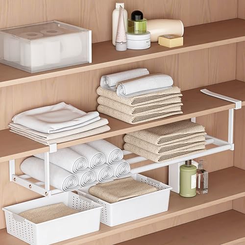 Under-Shelf Expandable Shoe Rack Organizer, White Metal, 40-70cm Width Adjustable, Cabinet Storage for Closet (2 Pcs) Generic