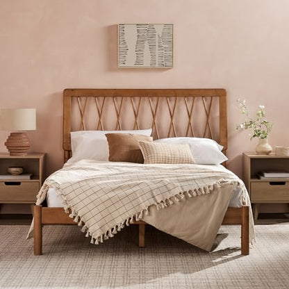 Walker Edison Full Transitional Geometric X Pattern Headboard Solid Wood Bed, Full Size, Caramel - WoodArtSupply