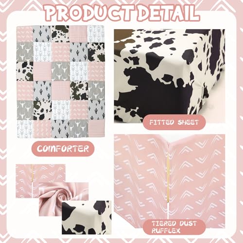 Hahafelt 3 Piece Patchwork Western Crib Bedding Set for Boys Girls Cow Cactus Print Baby Bedding Barnyard Western Nursery Decor Soft Baby Bed Set Includes Quilt Fitted Crib Sheet Bed Skirt (Cowgirls) Hahafelt
