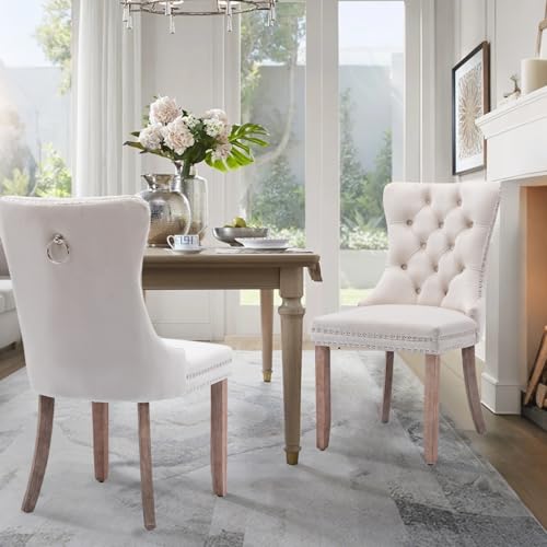 SoarTalent Velvet Upholstered Dining Chairs Set of 2, Modern Style Kitchen Side Chairs with Nailhead Trim and Wood Legs,Metal Pulling Ring for Dining Room Living Room(Beige,Set of 2) SoarTalent