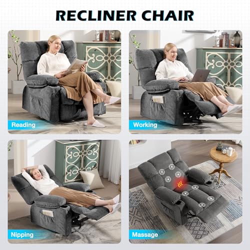 MAHOMICO Recliner Chair Oversized Swivel Rocker with Vibration Massage & Lumbar Heating, 360° Swivel, USB Charging Port, Cup Holders & Side Pocket for Living Room