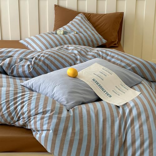 Striped Duvet Cover Set Full, 100% Washed Cotton Vintage Blue Brown Stripes Pattern Printed Comforter Cover, 3 Pieces Breathable Duvet Cover with 2 Pillowcases, Soft Farmhouse Striped Bedding Set LifeTB