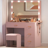 DWVO Vanity Desk with Large Mirror and Lights, Makeup Vanity Set with 11 LED Bulbs and Power Outlet, 4 Storage Drawer, Dressing Table with 3-Color Adjustable Lighting, Vanity Stool, Pale Pink DWVO