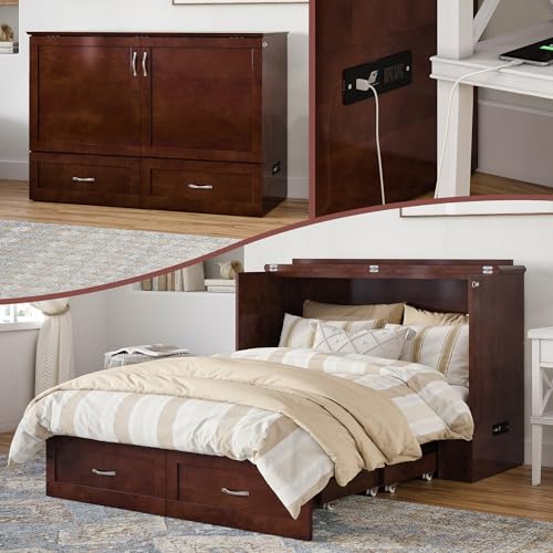 AFI Hamilton Full Murphy Bed Chest with Mattress, Storage, and Built-in Charger in Walnut AFI