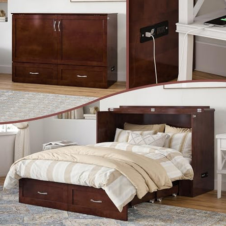 AFI Hamilton Full Murphy Bed Chest with Mattress, Storage, and Built-in Charger in Walnut AFI