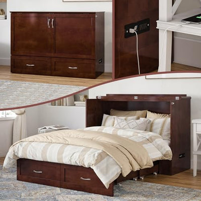 AFI Hamilton Full Murphy Bed Chest with Mattress, Storage, and Built-in Charger in Walnut