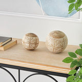 Deco 79 Mango Wood Handmade Decorative Ball Orbs & Vase Filler with Carved Tribal Patterns, Set of 2 5", 4" W, Cream Deco 79