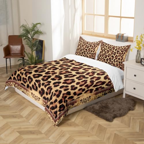 Brown Leopard Print Duvet Cover Set King Size,Kids Girls Woman Novelty Room Decor,Abstract Wild Animal Skin Comforter Cover,Paisley Floral Boho Bedding Set,Rustic Retro Quilt Cover,2 Pillowcases Homewish