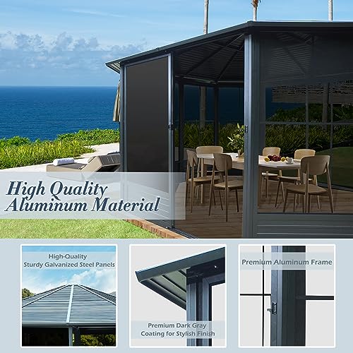 Domi 13x13FT Sunroom, Octagonal Solarium Aluminum Hardtop Gazebo with Galvanized Steel Roof, Detachable PE Screen, Sliding Door, Sun Room Pavilion Gazebo for Deck Backyard Garden domi outdoor living