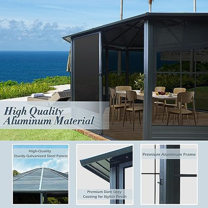 Domi 13x13FT Sunroom, Octagonal Solarium Aluminum Hardtop Gazebo with Galvanized Steel Roof, Detachable PE Screen, Sliding Door, Sun Room Pavilion Gazebo for Deck Backyard Garden - WoodArtSupply