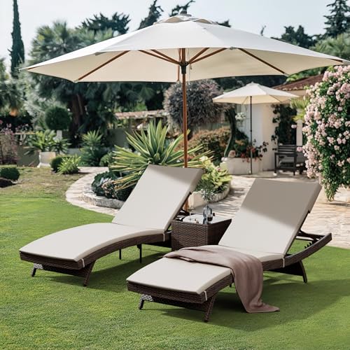 Pamapic Patio Chaise Lounge Set 3 Pieces with Adjustable Backrest and Removable Cushion, Outdoor Pool Chair for Patio Poolside Backyard Porch