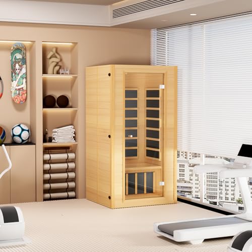 VEVOR 1 to 2 Person Far Infrared Wooden Sauna, Room Home Sauna Spa, Low EMF Far Infrared Hemlock Wood Sauna with Tempered Glass Door & Multicolor Lamp & Bluetooth Speakers & Chromotherapy Lights VEVOR
