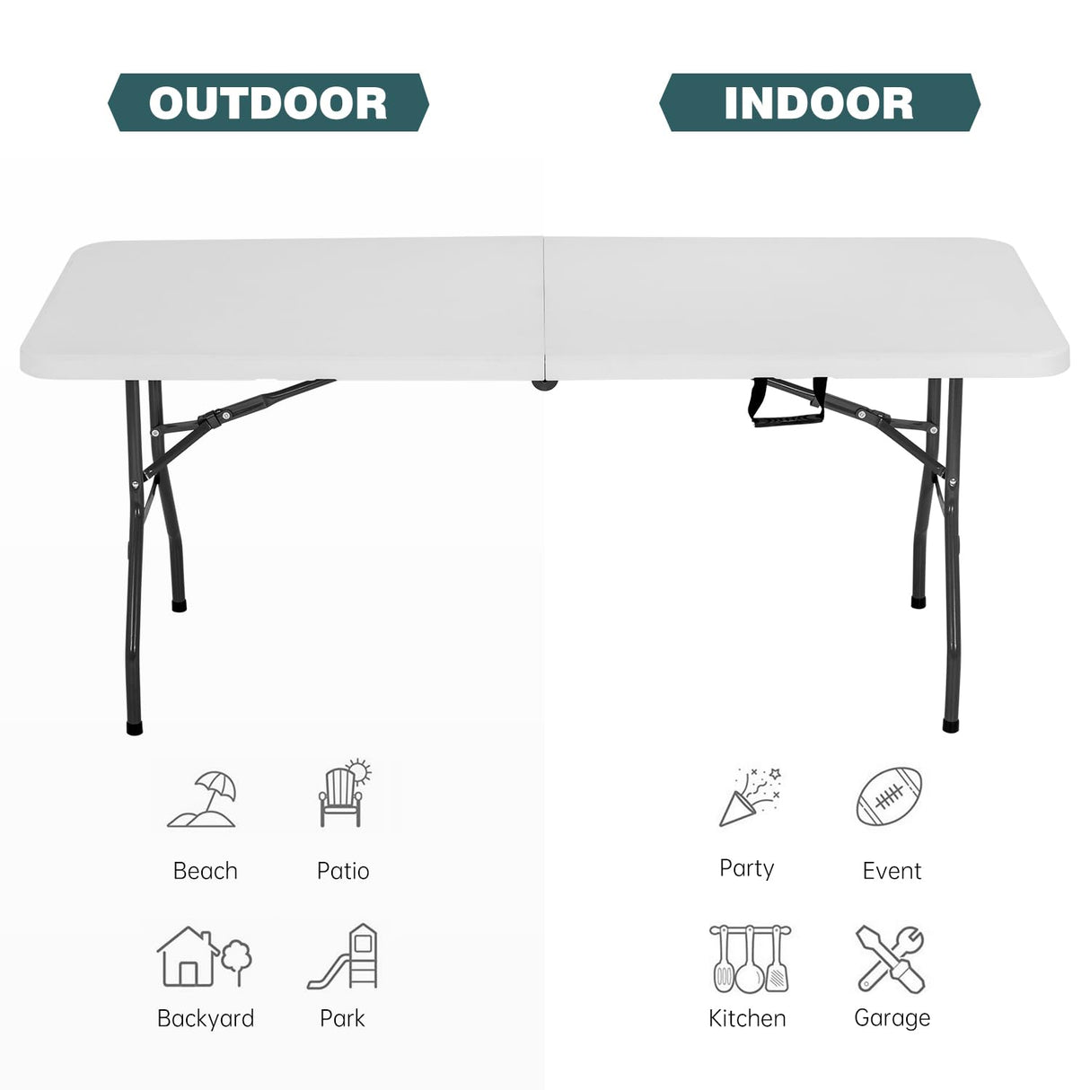 FDW 6 Foot Outdoor Dining Table, Foldable Portable Rectangular Plastic Folding Table with Built in Carrying Handle for Party and Wedding Use, White FDW