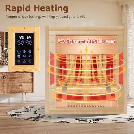 3-4 Person Hybrid Home Wood Sauna, Indoor WiFi Control Far Infrared & Traditional Canadian Hemlock Steam Saunas Spa with Red Light Therapy, 11 Heating Elements & Electric Stove, Accessories, Leftdoor Smartmak