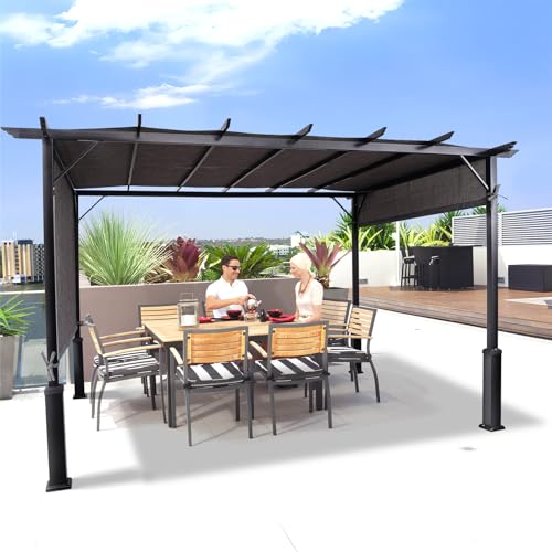 Backyard Expressions 12 x 9 Metal Flat Top Pergola with Adjustable Grey Sling Top - WoodArtSupply