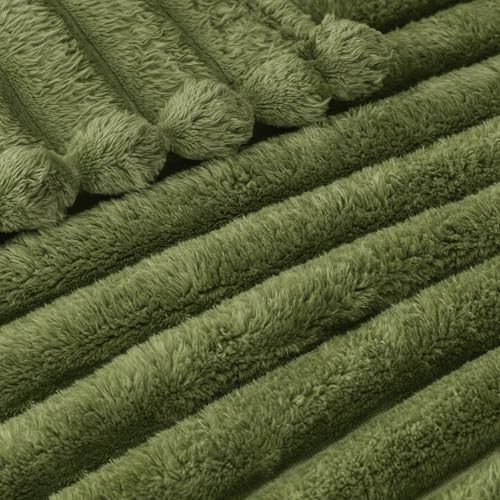 Exclusivo Mezcla Twin Size Flannel Fleece Blanket, Super Soft Striped Jacquard Bed Blanket, Lightweight Fuzzy Cozy for All Seasons, 60x80 Inches, Olive Green Exclusivo Mezcla