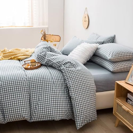 mixinni Blue Gingham Comforter Set King, Plaid Comforter Set 3 Pieces 1 Blue Grid Comfoter with 2 Pillow Cases for All Seasons, Soft Fluffy Modern Grid Pattern Printed Bedding-King Size mixinni