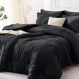 MUXHOMO 7 Pieces Queen Comforter Set, Seersucker Bed in a Bag Queen Size, All Season Luxury Bedding Set with Comforter, Flat Sheet, Fitted Sheet, Pillowcases & Shams, Black MUXHOMO