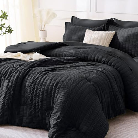 MUXHOMO 7 Pieces Full Comforter Set, Seersucker Bed in a Bag Full Size, All Season Luxury Bedding Set with Comforter, Flat Sheet, Fitted Sheet, Pillowcases & Shams, Black MUXHOMO