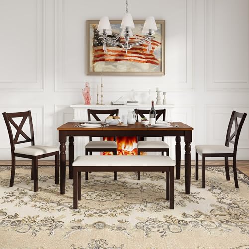AMERLIFE 6-Piece Farmhouse Dining Table Set, 60” Solid Wood Table with 4 Upholstered Chairs & Bench, Comfortable Seating for 6, for Kitchen or Dining Room, Brown & Black Finish AMERLIFE