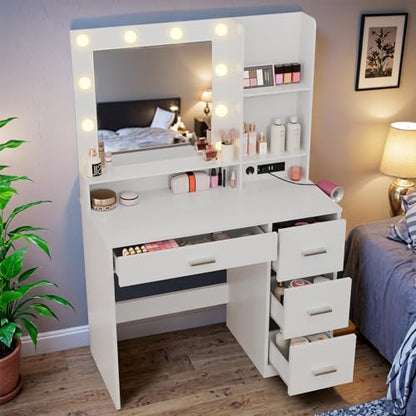 Furmax Vanity Desk with LED Lighted Mirror&Power Outlet, 39.3’’ Makeup Vanity Table with 4 Drawers and 3 Storage Shelves, Adjustable 3 Lighting Color for Bedroom&Dressing Room (White)