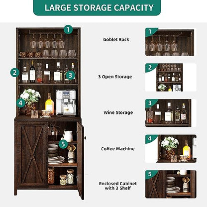 YITAHOME Bar Wine Cooler, 67" Tall Kitchen Storage Cabinet with Wine Rack, Open Storage Shelves, Farmhouse Kitchen Storage Cabinet with Wooden Doors for Living Room, Living Room, Brown - WoodArtSupply