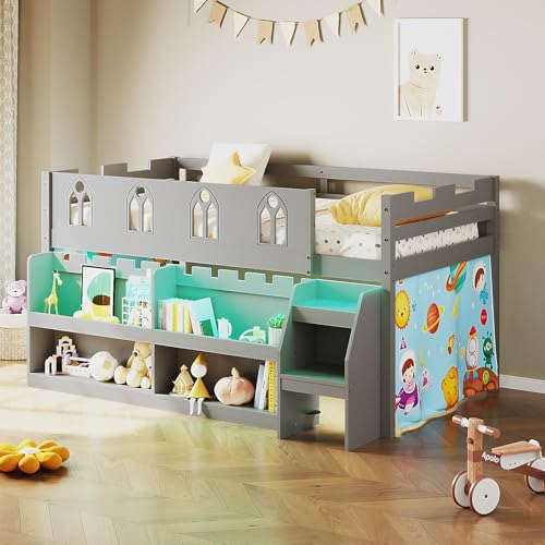 JOYMOR Low Loft Bed Twin Size with LED Lights, 4 Storage Shelves, Removable Curtain, Kids Wood Loft Bed with 15" H Safety Guardrail, Spave Saving, Mattress Not Included (Gray) JOYMOR