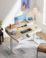 HUANUO 55 x 30 inch Electric Standing Desk with Wood Drawers, Adjustable Height Sit Stand Home Office Desk with Two Tiers, Ergonomic Adjustable Stand up Desk C-Clamp Monitor Mount Compatible, Natural HUANUO