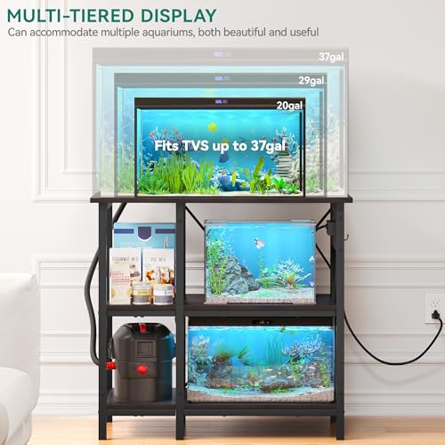 YITAHOME 10-29-37 Gallon Fish Tank Stand with Power Outlet, 30x16 Inch Metal Aquarium Stand with 3-Tier Adjustable Storage Shelves and Hooks, 450LBS Capacity,Black - WoodArtSupply