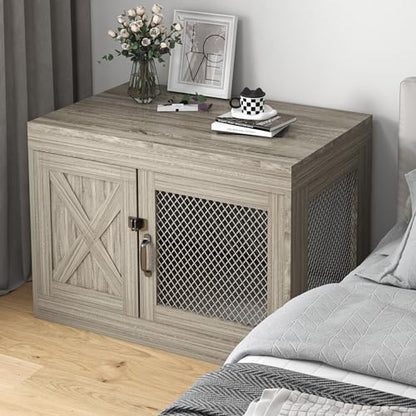 Wooden Dog Crate Furniture,36 Inch Dog Kennel Indoor with Double Doors, Medium Dog Cage with Cushion, Wood Pet House End Table Chew-Resistant for Medium/Small Dog, Grey - WoodArtSupply