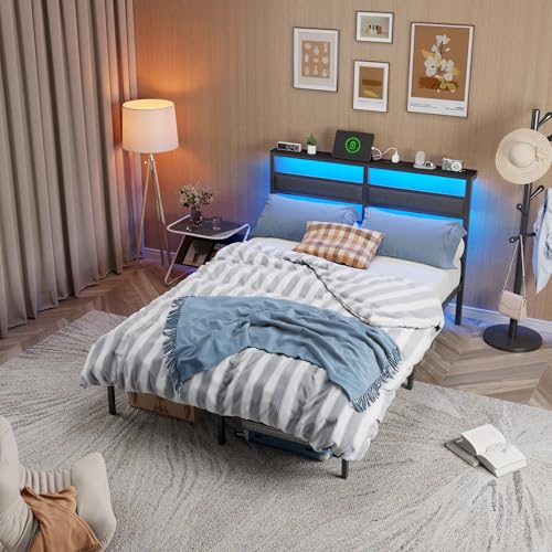 OURPIC Full Size Bed Frame with Headboard, Bed Frame Full Size with LED Light and Charging Station, Black Metal Platform Bedframe and Storage Shelf, No Box Spring Needed, Noise Free OURPIC