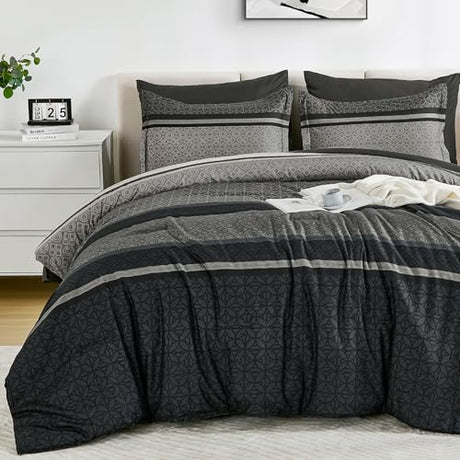 WONGS BEDDING Comforter Set Full Size, Dark Grey Striped 7 Pieces Bed in a Bag Comforter and Sheet Set, Minimalist Geometric Bohemian Soft Lightweight Micorfiber Bedding Set for All Season (78"×90") WONGS BEDDING