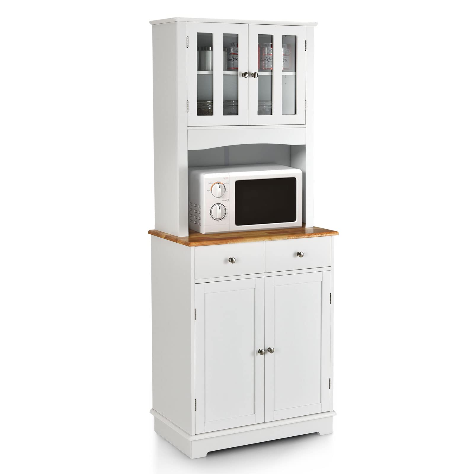 PETSITE Kitchen Pantry Storage Cabinet, 67" Freestanding Microwave Cupboard with Tempered Glass Cabinet, Adjustable Shelves, 2 Drawers, Buffet with Hutch for Living Room, Dining Room, White - WoodArtSupply