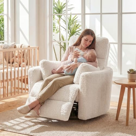 SENYUN Power Swivel Rocker Recliner for Adults, Large Glider Rocking Chair w/ 2 Pillows, USB and Type-C Ports, Night Light, Fluffy Plush Nursery Chair for Living Room, Bedroom,Nursery, Beige SENYUN