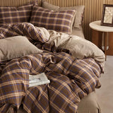 EAVD Vintage Style Brown&Blue Plaid Duvet Cover Full Soft 100% Muslin Cotton Brown Green Blue Grid Checkered Plaid Bedding Set with 2 Pillowcases Reversible Gingham Duvet Cover with Zipper EAVD