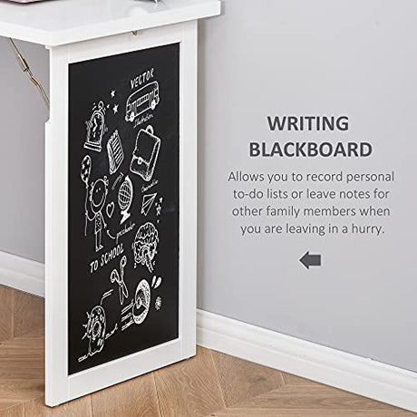 Zentrava Foldable Wall Mounted Desk with Storage Shelves, Fold Out Convertible Computer Table with Blackboard, Folding Writing Table Workstation for Small Spaces,Home Office (White) Zentrava