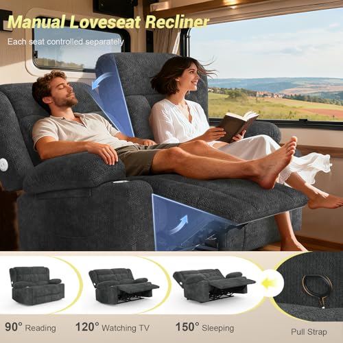 MOSGAT RV Loveseat Recliner Sofa, Reclining Loveseat Home Theater Seating with USB Ports, Cup Holders, Insert Pockets, Wall Hugger RV Recliners for Movie Room, Recline Movie Seats Gaming Sofa, Gray