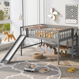 Merax Full Size Wood Low Loft Bed Frame with Slide for Kids Girls Boys,Full Length Guardrails, Gray Merax