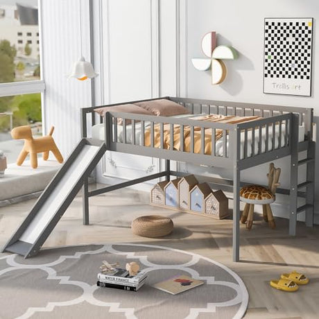 Merax Full Size Wood Low Loft Bed Frame with Slide for Kids Girls Boys,Full Length Guardrails, Gray Merax