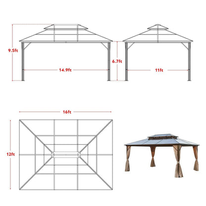 MELLCOM 12x16ft Outdoor Polycarbonate Double Hardtop Roof Gazebo, Aluminum Furniture Gazebo Canopy with Netting and Curtains for Garden, Patio, Lawns, Party and Deck - WoodArtSupply