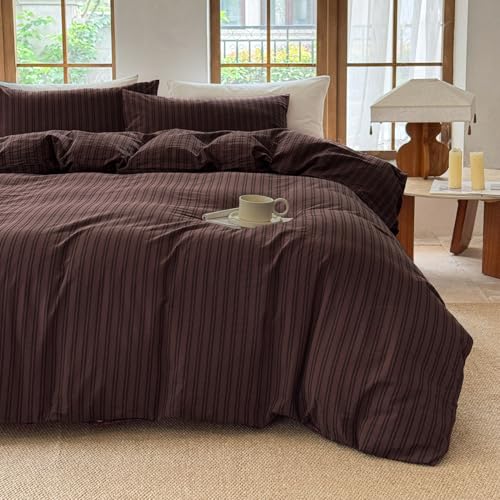 BESTDESIL Striped Duvet Cover Set 100% Washed Cotton Linen Like Soft Feelling Breathable Bedding(Pine Bark Brown/Black Strip,Full) BESTDESIL