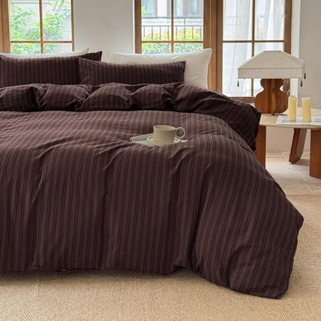 BESTDESIL Striped Duvet Cover Set 100% Washed Cotton Linen Like Soft Feelling Breathable Bedding(Pine Bark Brown/Black Strip,Full) BESTDESIL