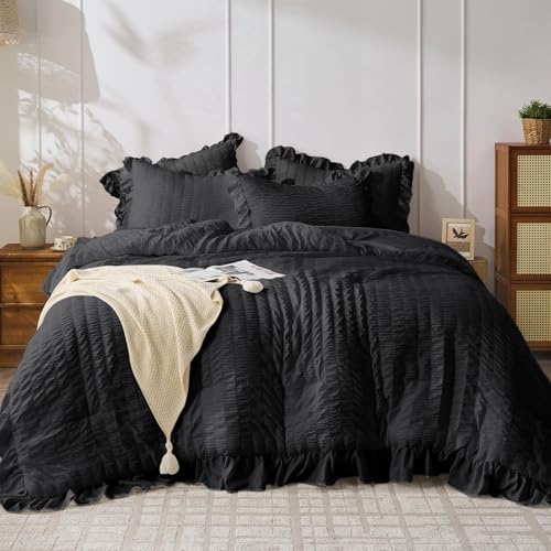 JOLLYVOGUE Black Queen Comforter Set, 3 Pieces Seersucker Comforters Queen Size, Lightweight & Fluffy Bedding Sets Queen for All Season with 1 Ruffle Comforter and 2 Ruffle Pillowshams JOLLYVOGUE