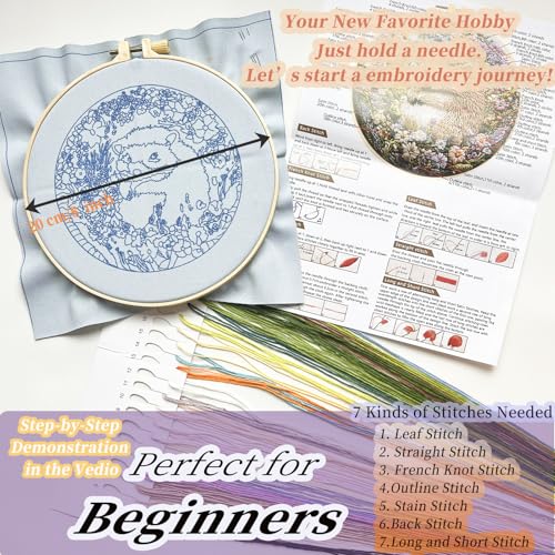 FONNUY Embroidery Kit for Beginners, Cute Hedgehog Stamped Embroidery Patterns Kits for Adults with Hoop, Easy to Follow Sewing Thread Needlework, 8'' Hoop (Adorably Spiky)