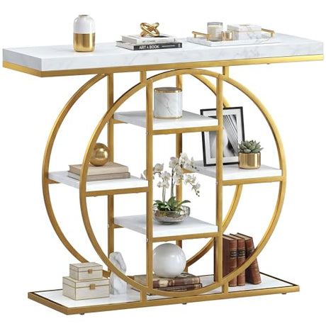 HOMCOM Entryway Table, 39.4" Console Sofa Table with Storage Shelves and Circle Steel Frame, Narrow Wood Accent Tables for Entrance, Hallway, Foyer, Living Room, White Marble Effect HOMCOM