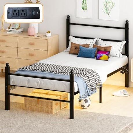 Gohapnis Twin Bed Frames with Headboard and Footboard,Black Metal Platform Bed Frame with RGB LED Lights and USB Charging Station,Under Bed Storage,No Box Spring Needed,Suitable for Bedrooms Gohapnis