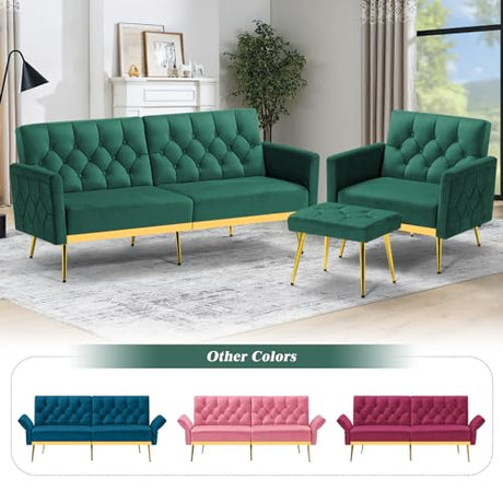 ACMEASE Velvet Futon Sofa Bed w/Adjustable Armrests & Backrests, Button Tufted Sleeper Couch, Modern Convertible Loveseat Sofa for Bedroom, Living Room, Apartment, Green ACMEASE